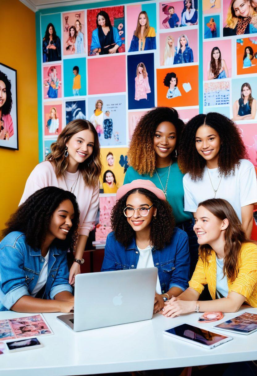 A vibrant scene showcasing a diverse group of young women creating digital content together, in a colorful room filled with cameras, laptops, and creative posters. Each woman represents different cultures and styles, radiating confidence and camaraderie. In the background, a screen display shows popular girl-centric online videos to emphasize the theme. Bright lighting and playful decor set an empowering and energetic mood. super-realistic. vibrant colors. 3D.