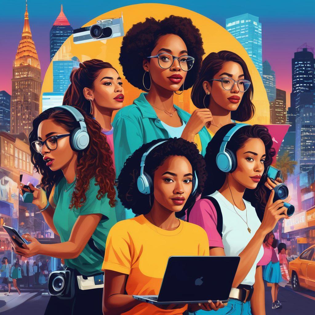 A dynamic collage showcasing diverse young women confidently engaging in digital storytelling through vlogs. Highlight elements like cameras, laptops, and social media icons surrounding them. Incorporate vibrant colors to reflect energy and empowerment with a backdrop of a city skyline. Emphasize expressions of creativity and collaboration among the women. vector art. vibrant colors.