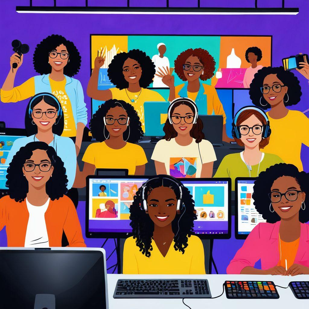 A dynamic scene showcasing a diverse group of young women confidently streaming and creating content in a vibrant studio. Include elements of technology like cameras, microphones, and computer screens displaying colorful graphics, symbolizing creativity and empowerment. Each woman should represent different backgrounds and cultures, engaging with their audience in unique ways. The atmosphere should exude energy and inspiration, with bright, uplifting colors. digital illustration. vibrant colors. modern style.
